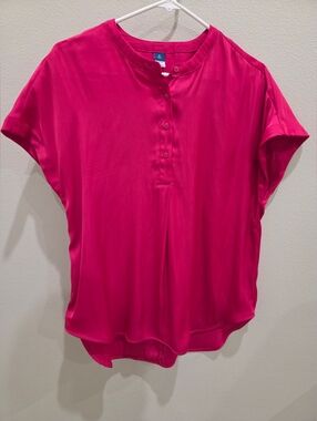 Old Navy Satin Bright Pink Short-Sleeve Henley Blouse  Medium Long